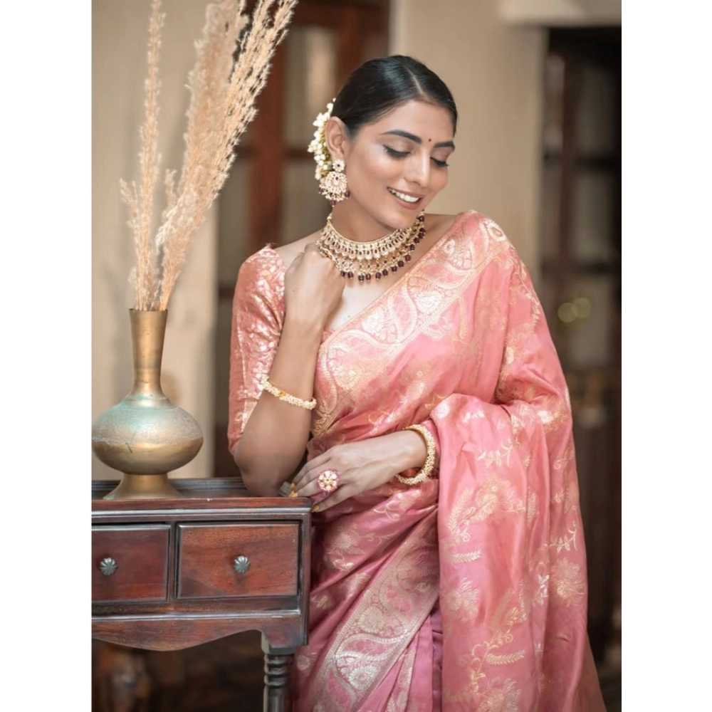 Women's Art Silk Embellished Kanjivaram Saree With Unstitched Blouse (5.5Mtr, Peach) - Image 3