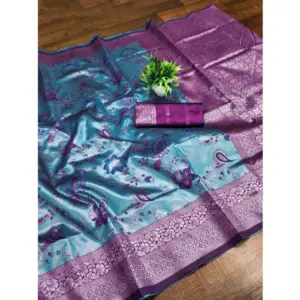 Women's Banarasi Jacquard Printed Saree With Unstitched Blouse 5.5Mtr (Blue)