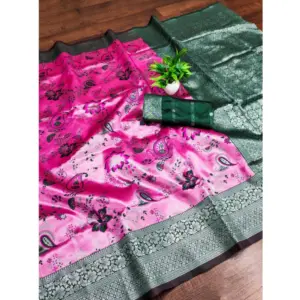 Women's Banarasi Jacquard Printed Saree With Unstitched Blouse 5.5Mtr (DPink)