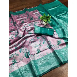 Women's Banarasi Jacquard Printed Saree With Unstitched Blouse 5.5Mtr (Pink)