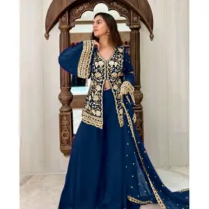 Women's Georgette Embroidery 3-4th Sleeve V-Neck Kurti, Palazzo And Dupatta Set (Morpich)