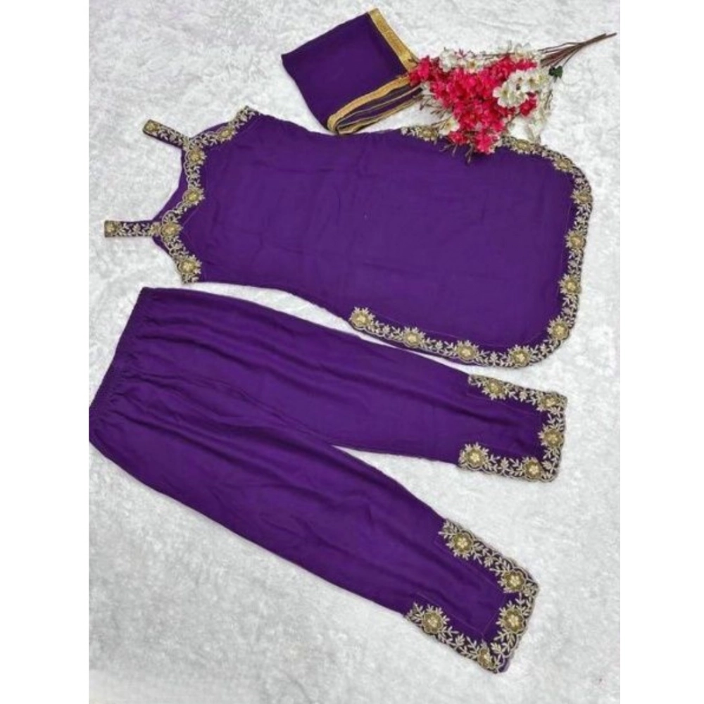 Women's Georgette Embroidery Sleeveless Round Neck Kurti, Palazzo And Dupatta Set (Purple) - Image 3