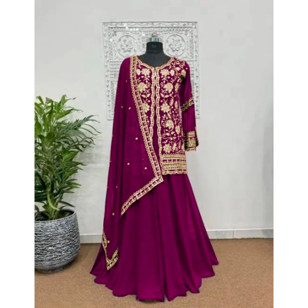 Women's Georgette Embroidery 3-4th Sleeve V-Neck Kurti, Palazzo And Dupatta Set (Wine) - Image 3