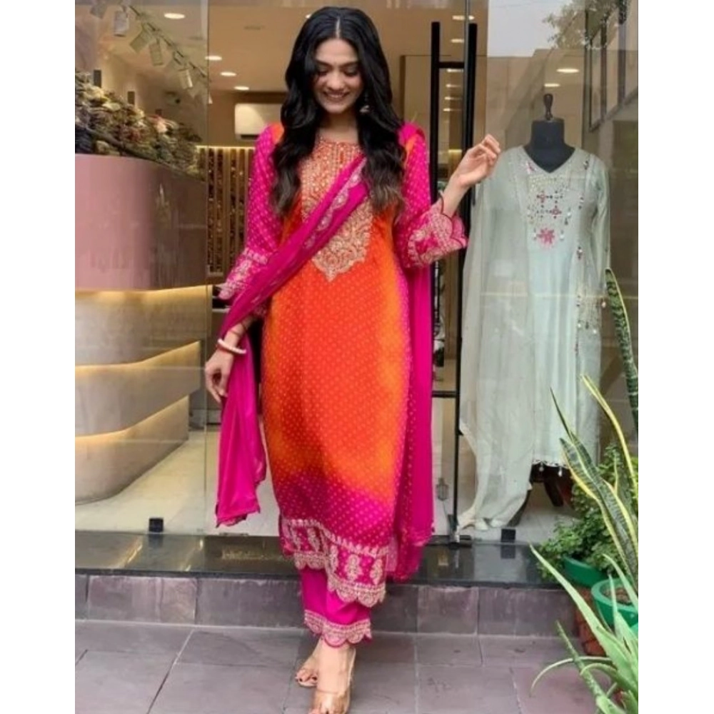 Women's Roman Silk Embroidery 3-4th Sleeve Round Neck Kurti, Palazzo And Dupatta Set (Orange-Pink) - Image 3