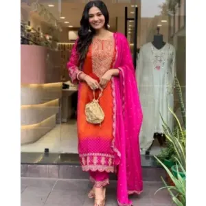 Women's Roman Silk Embroidery 3-4th Sleeve Round Neck Kurti, Palazzo And Dupatta Set (Orange-Pink)