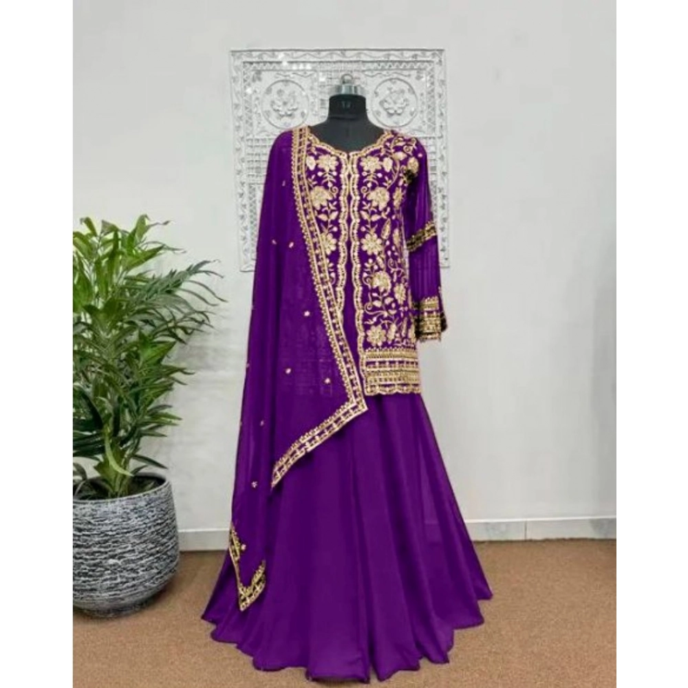 Women's Georgette Embroidery 3-4th Sleeve V-Neck Kurti, Palazzo And Dupatta Set (Purple) - Image 3