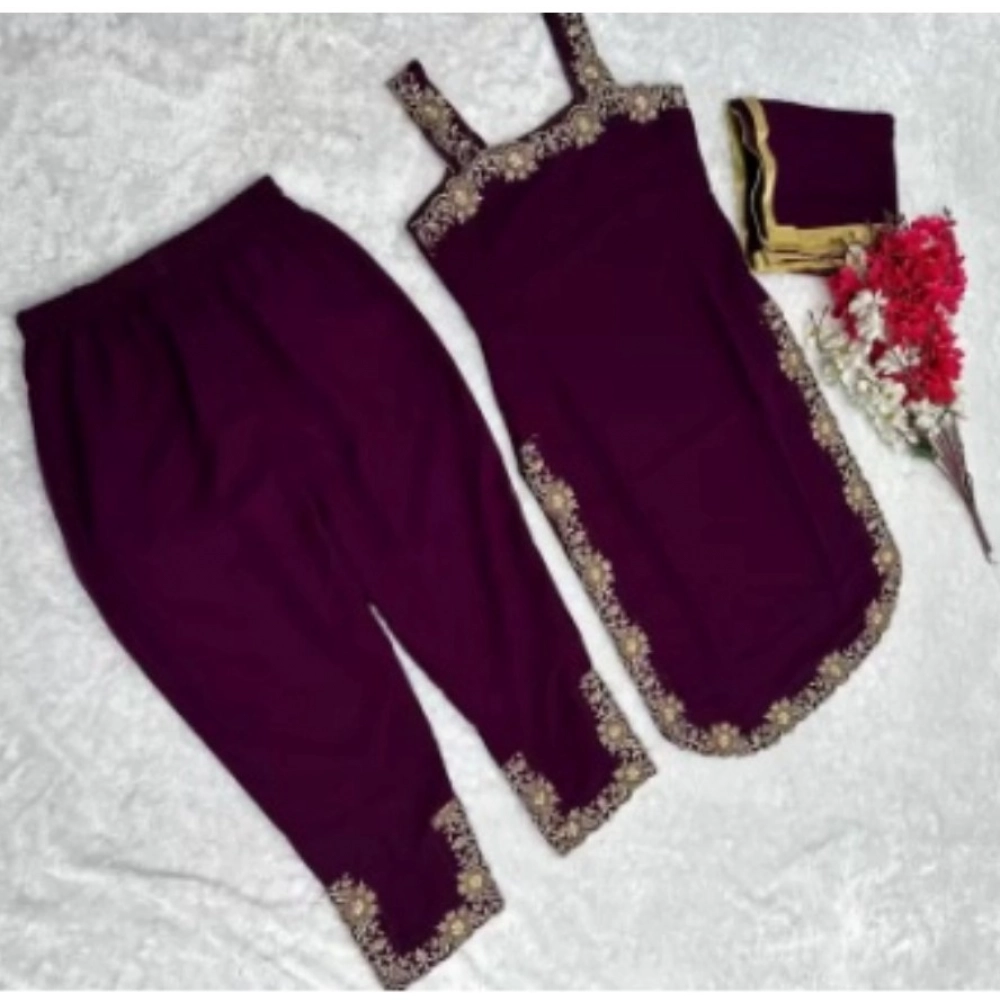Women's Georgette Embroidery Sleeveless Round Neck Kurti, Palazzo And Dupatta Set (Wine) - Image 3