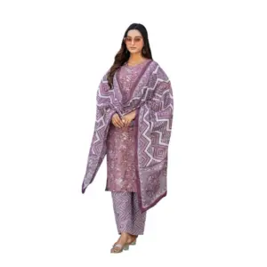 Women's Cotton Blend Printed Kurti With Pant Dupatta Set (Lavender)
