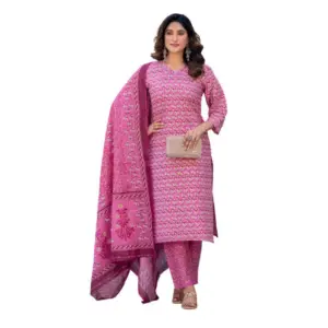 Women's Cotton Blend Printed Kurti With Pant Dupatta Set (Pink)