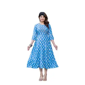 Women's Rayon Print With Embroidery Work A-Line Kurti (Sky Blue)