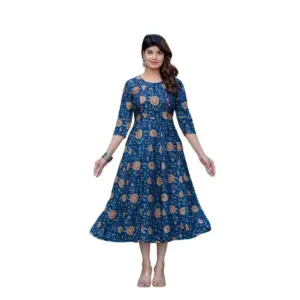 Women's Rayon Print With Embroidery Work A-Line Kurti (Navy Blue)