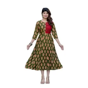 Women's Rayon Print With Embroidery Work A-Line Kurti (Dark Green)