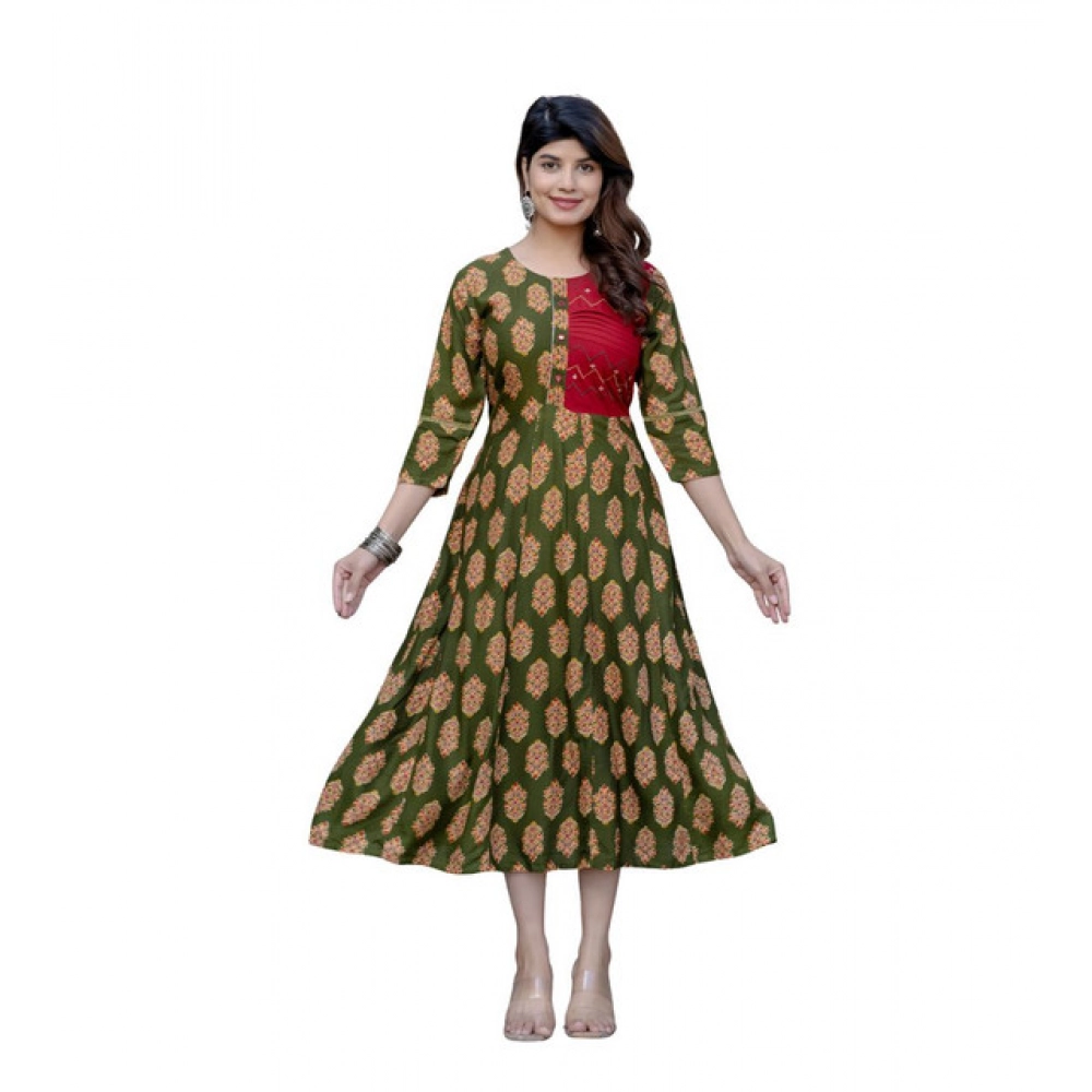 Women's Rayon Print With Embroidery Work A-Line Kurti (Dark Green)