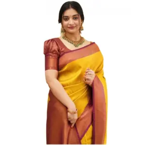 Women's Soft Litchi Silk Jacquard Work Saree With Unstitched Blouse 5.5Mtr (Yellow)
