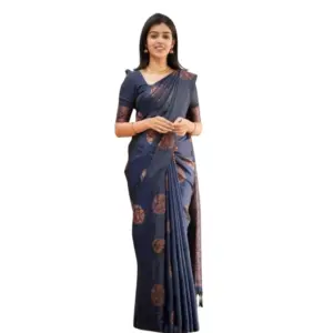 Women's Soft Litchi Silk Jacquard Work Saree With Unstitched Blouse 5.5Mtr (Blue)