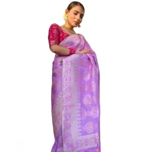 Women's Soft Litchi Silk Jacquard Work Saree With Unstitched Blouse 5.5Mtr (Lavender)