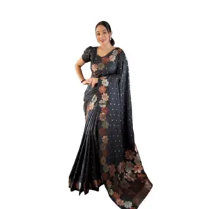Women's Soft Litchi Silk Jacquard Work Saree With Unstitched Blouse 5.5Mtr (Black)