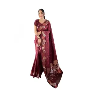 Women's Soft Litchi Silk Jacquard Work Saree With Unstitched Blouse 5.5Mtr (Maroon)