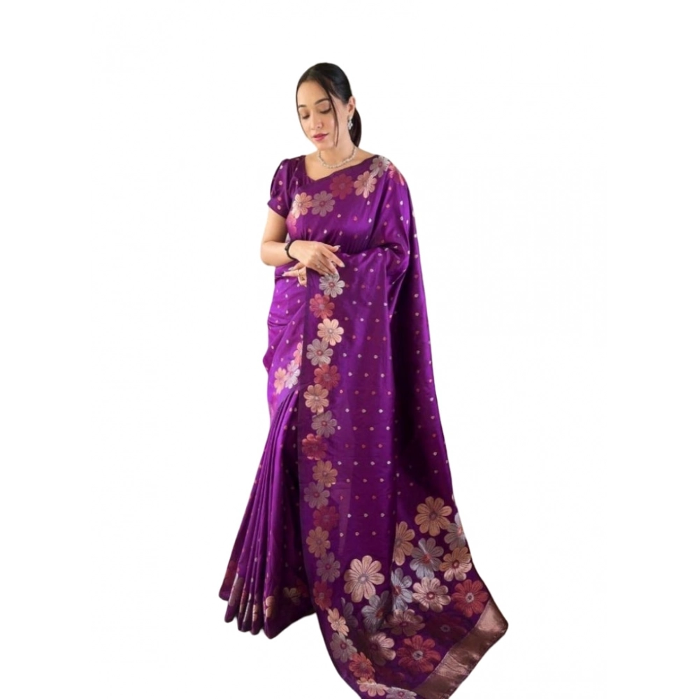 Women's Soft Litchi Silk Jacquard Work Saree With Unstitched Blouse 5.5Mtr (Purple)