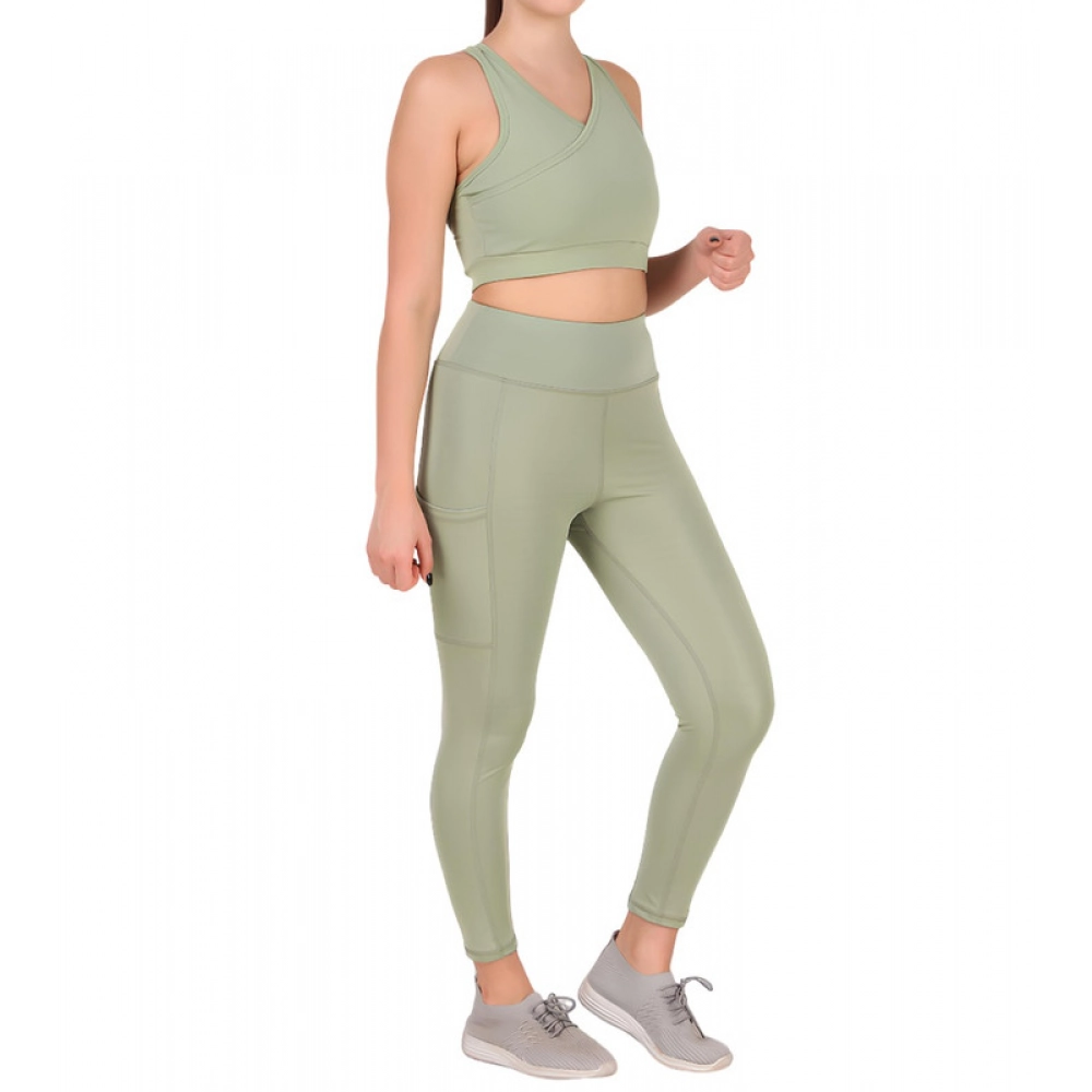 Women's Polyester Solid Ankle length High Waisted Tights (Sea Green)