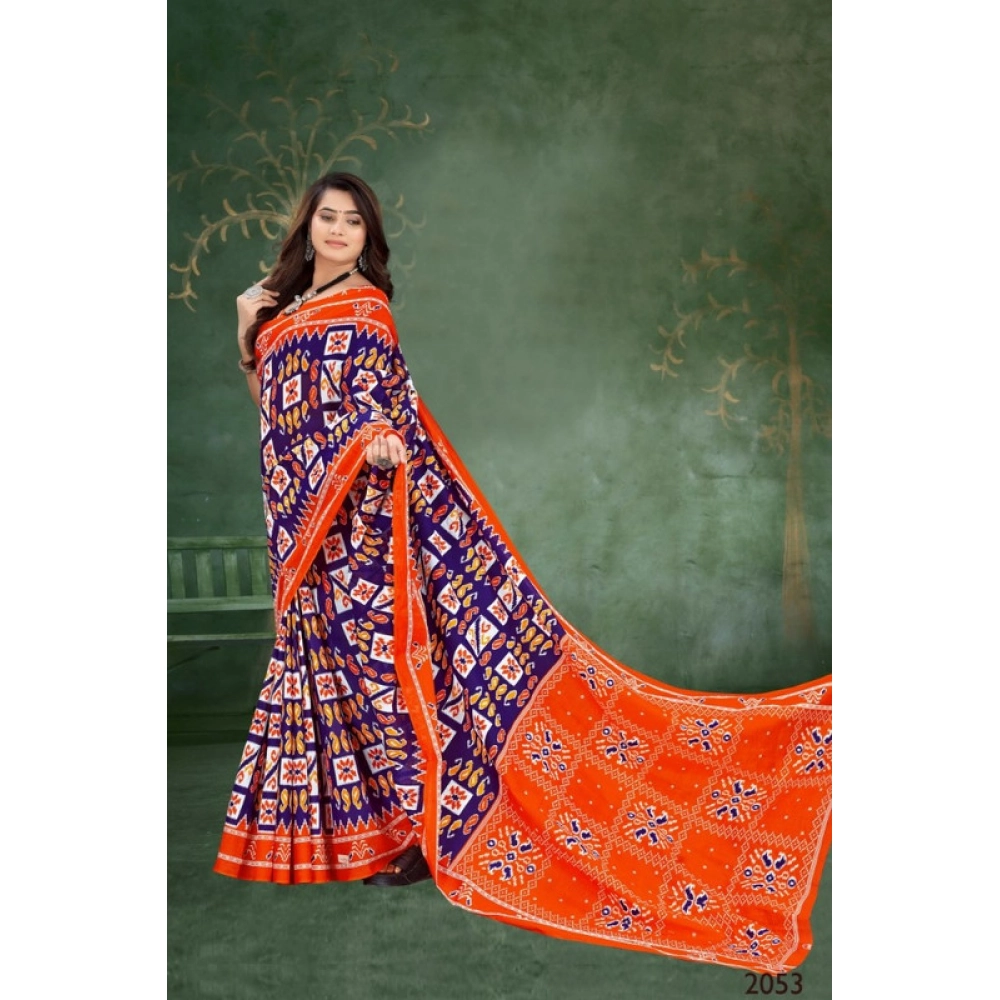 Women's Soft Pure Cotton Printed Saree With Unstitched Blouse 5.5Mtr (Orange) - Image 3