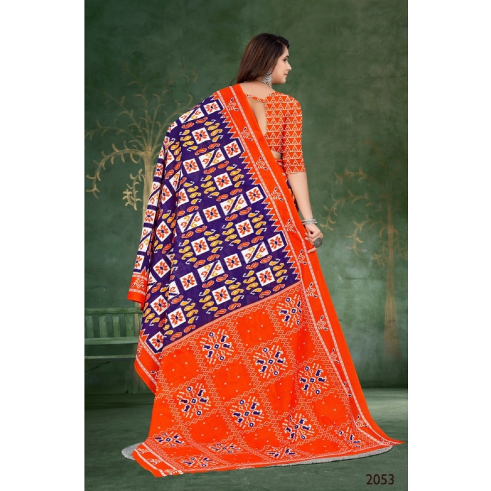 Women's Soft Pure Cotton Printed Saree With Unstitched Blouse 5.5Mtr (Orange) - Image 2
