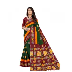 Women's Soft Pure Cotton Printed Saree With Unstitched Blouse 5.5Mtr (Green)