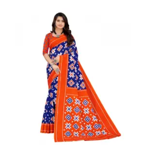 Women's Soft Pure Cotton Printed Saree With Unstitched Blouse 5.5Mtr (Blue)