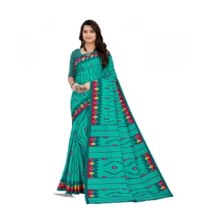 Women's Soft Pure Cotton Printed Saree With Unstitched Blouse 5.5Mtr (Blue)