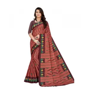 Women's Soft Pure Cotton Printed Saree With Unstitched Blouse 5.5Mtr (Brown)