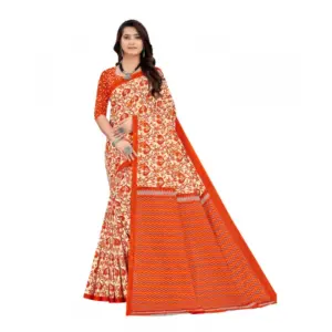 Women's Soft Pure Cotton Printed Saree With Unstitched Blouse 5.5Mtr (Orange)