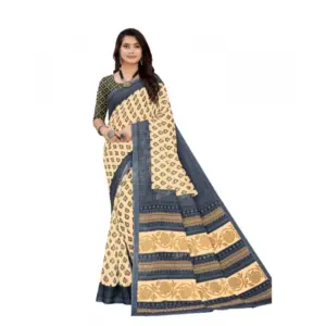 Women's Soft Pure Cotton Printed Saree With Unstitched Blouse 5.5Mtr (Cream)