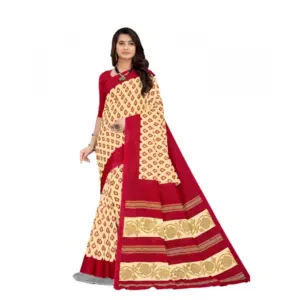 Women's Soft Pure Cotton Printed Saree With Unstitched Blouse 5.5Mtr (Beige)