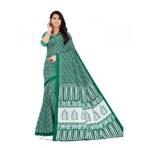 Women's Soft Pure Cotton Printed Saree With Unstitched Blouse 5.5Mtr (Green)