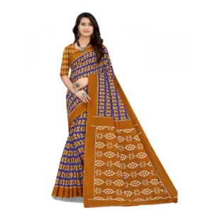 Women's Soft Pure Cotton Printed Saree With Unstitched Blouse 5.5Mtr (Blue)