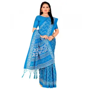 Women's Soft Pure Cotton Printed Saree With Unstitched Blouse 5.5Mtr (Sky Blue)