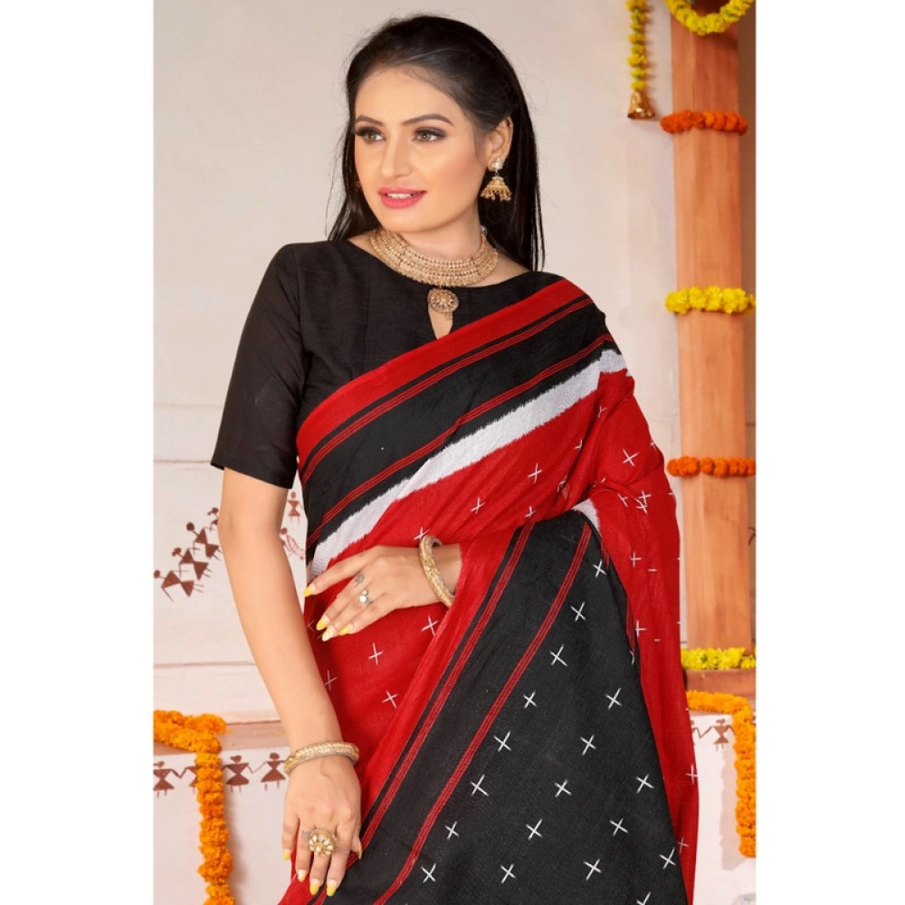 Women's Soft Pure Cotton Printed Saree With Unstitched Blouse 5.5Mtr (Red) - Image 3