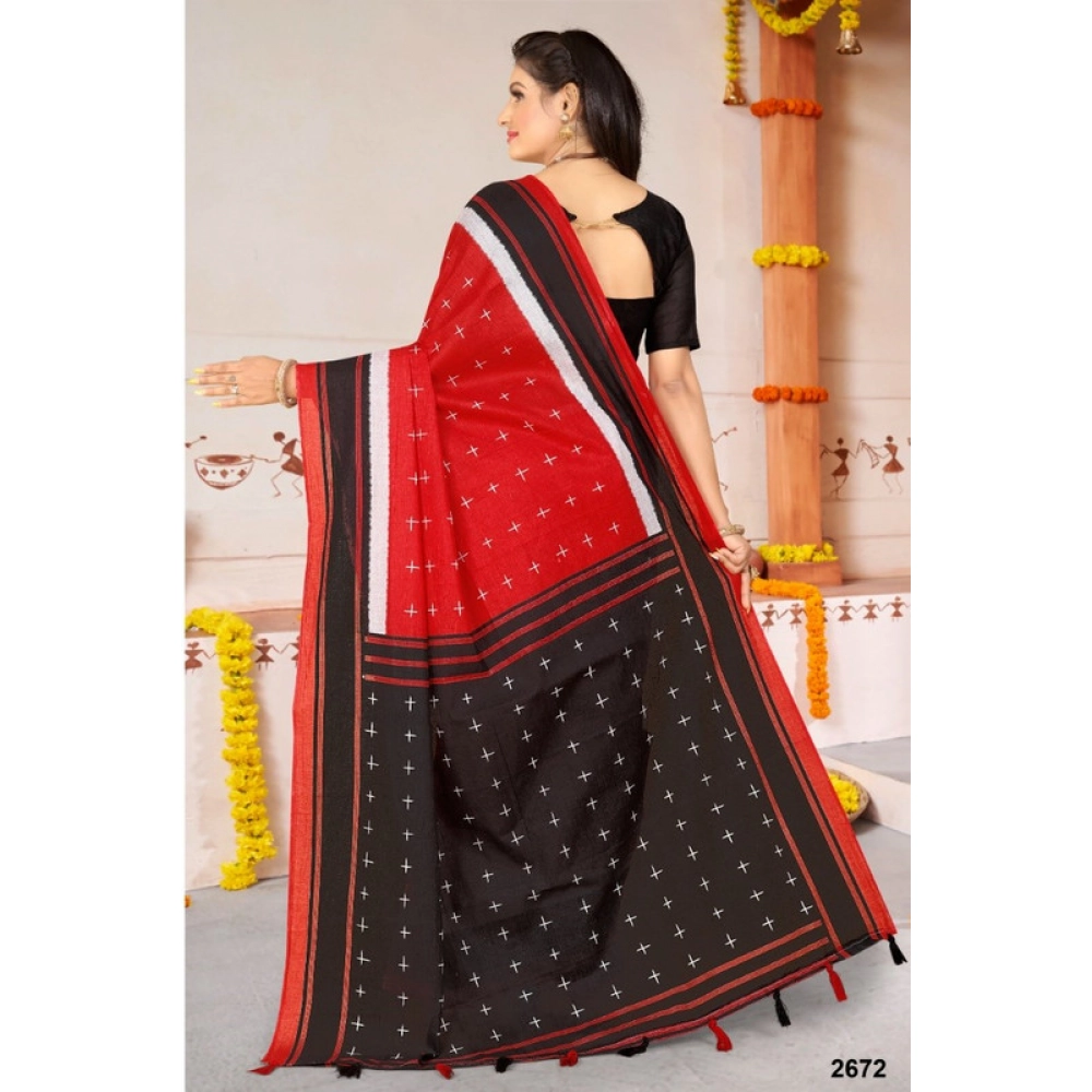 Women's Soft Pure Cotton Printed Saree With Unstitched Blouse 5.5Mtr (Red) - Image 2