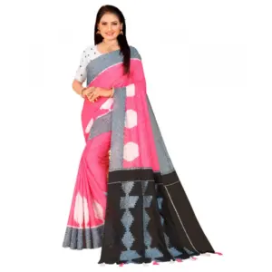 Women's Soft Pure Cotton Printed Saree With Unstitched Blouse 5.5Mtr (Pink)