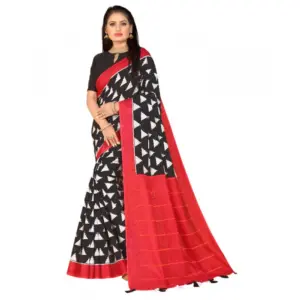 Women's Soft Pure Cotton Printed Saree With Unstitched Blouse 5.5Mtr (Black)