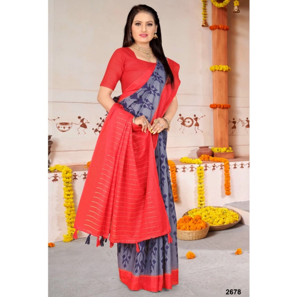 Women's Soft Pure Cotton Printed Saree With Unstitched Blouse 5.5Mtr (Purple) - Image 3