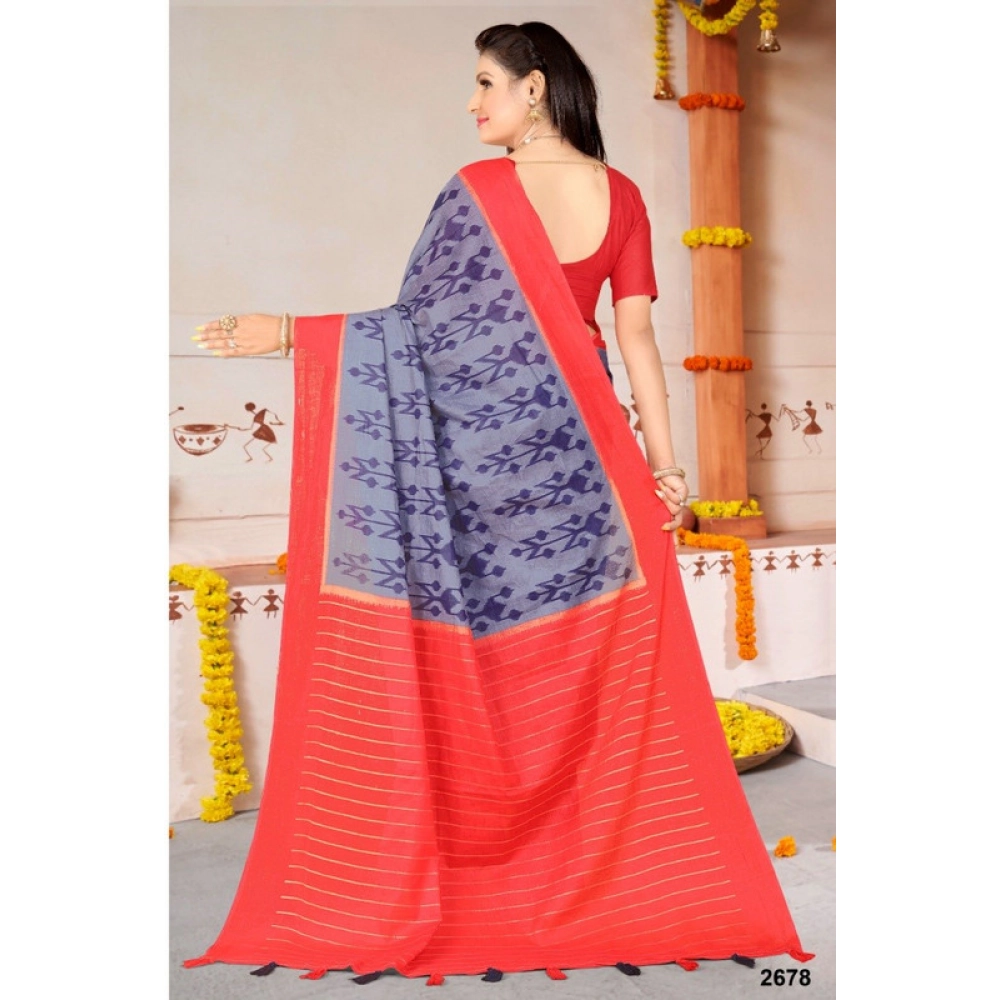 Women's Soft Pure Cotton Printed Saree With Unstitched Blouse 5.5Mtr (Purple) - Image 2