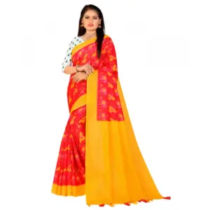 Women's Soft Pure Cotton Printed Saree With Unstitched Blouse 5.5Mtr (Red)