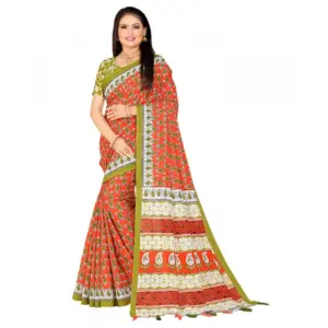 Women's Soft Pure Cotton Printed Saree With Unstitched Blouse 5.5Mtr (Multicolor)
