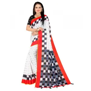 Women's Soft Pure Cotton Printed Saree With Unstitched Blouse 5.5Mtr (White)