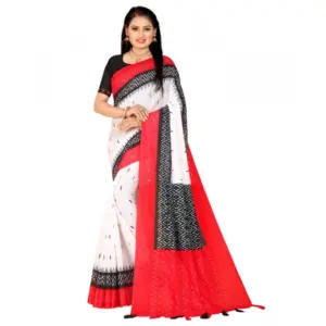 Women's Soft Pure Cotton Printed Saree With Unstitched Blouse 5.5Mtr (White)