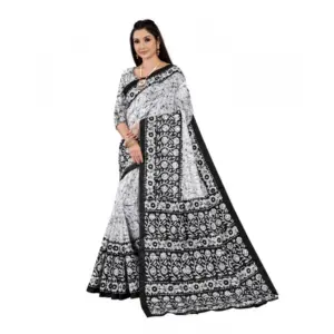 Women's Soft Pure Cotton Printed Saree With Unstitched Blouse 5.5Mtr (Black - White)