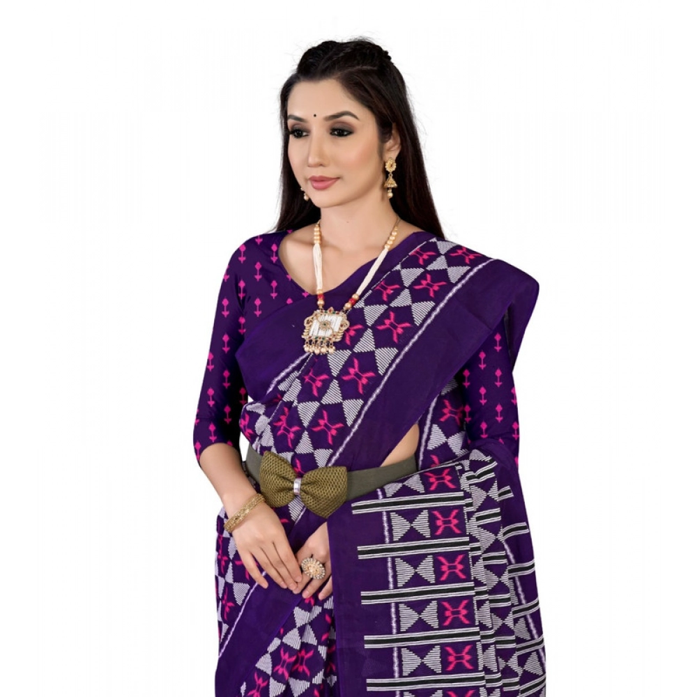 Women's Soft Pure Cotton Printed Saree With Unstitched Blouse 5.5Mtr (Purple) - Image 3