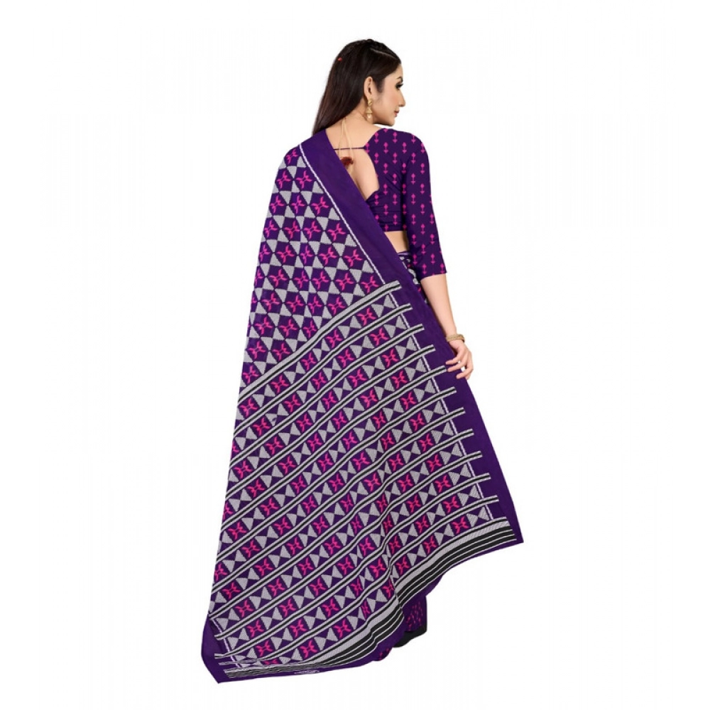 Women's Soft Pure Cotton Printed Saree With Unstitched Blouse 5.5Mtr (Purple) - Image 2