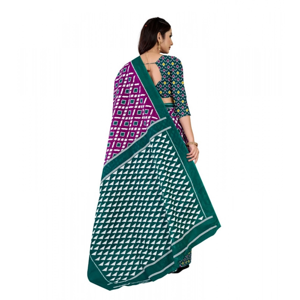 Women's Soft Pure Cotton Printed Saree With Unstitched Blouse 5.5Mtr (Purple) - Image 3